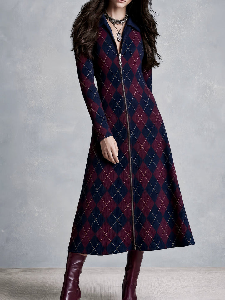 Retro Navy and Burgundy Argyle Midi Dress with Zipper