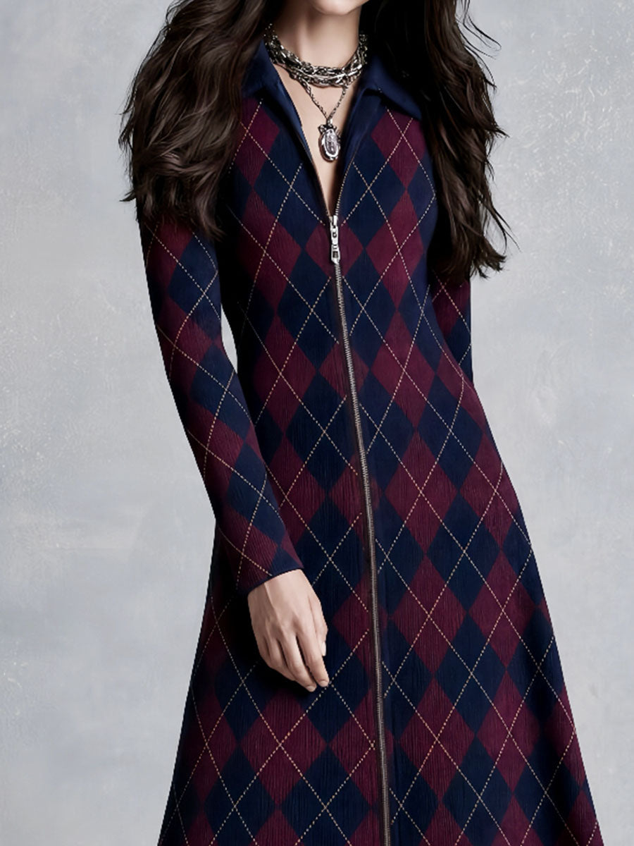 Retro Navy and Burgundy Argyle Midi Dress with Zipper