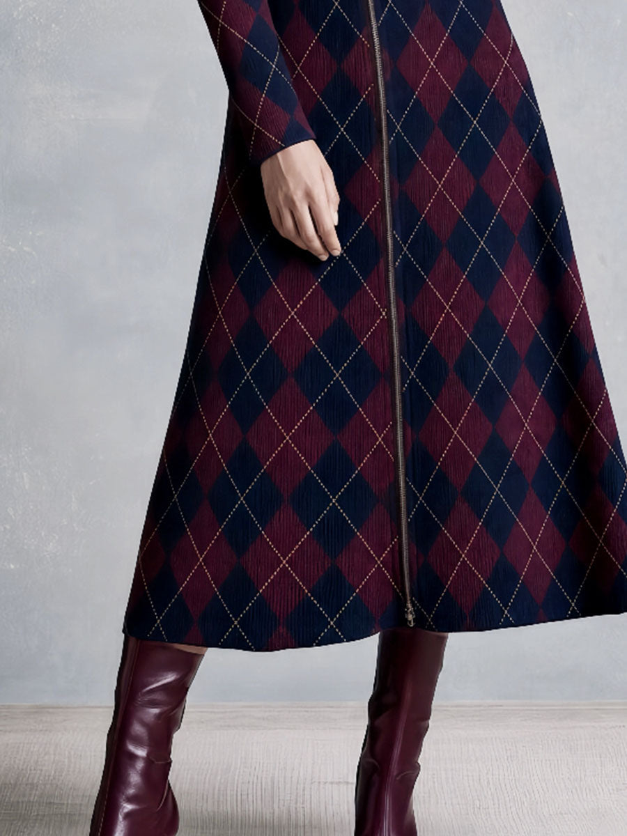 Retro Navy and Burgundy Argyle Midi Dress with Zipper