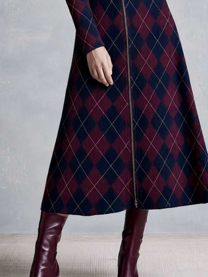 Retro Navy and Burgundy Argyle Midi Dress with Zipper