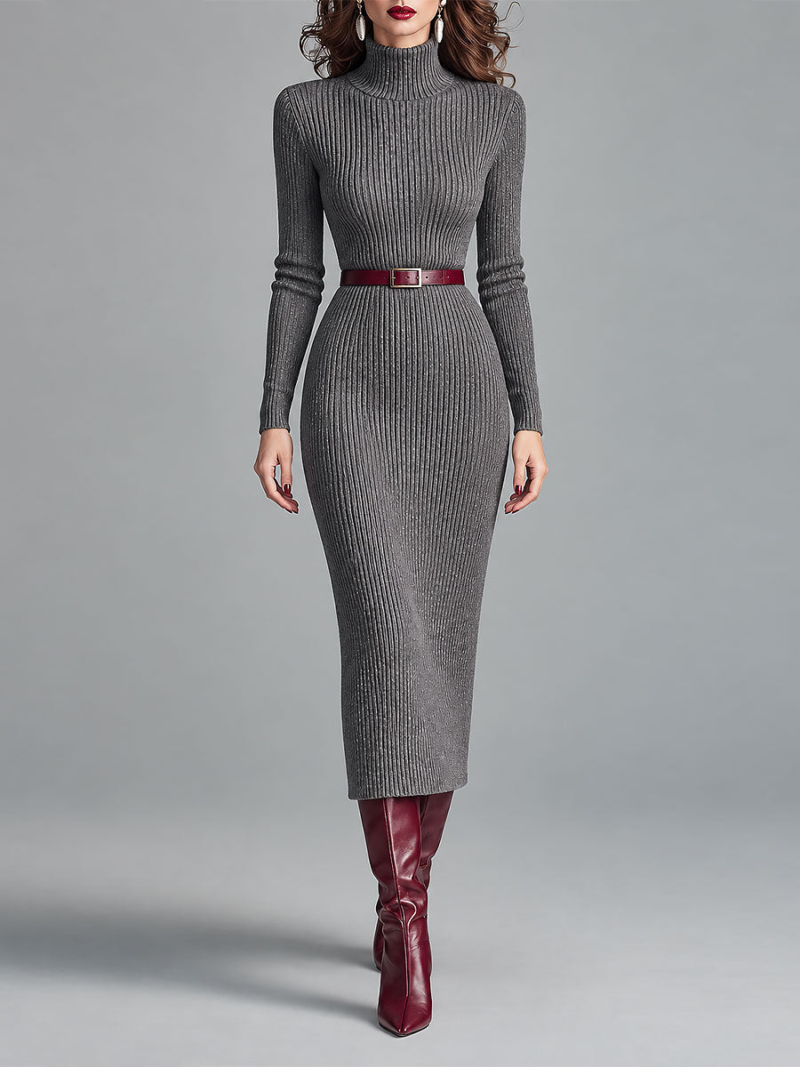 Sleek High-Neck Midi Dress with Ribbed Design and Belted Waist