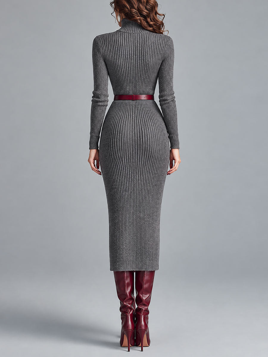 Sleek High-Neck Midi Dress with Ribbed Design and Belted Waist