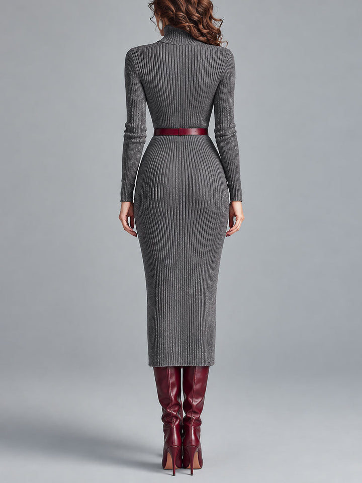 Sleek High-Neck Midi Dress with Ribbed Design and Belted Waist