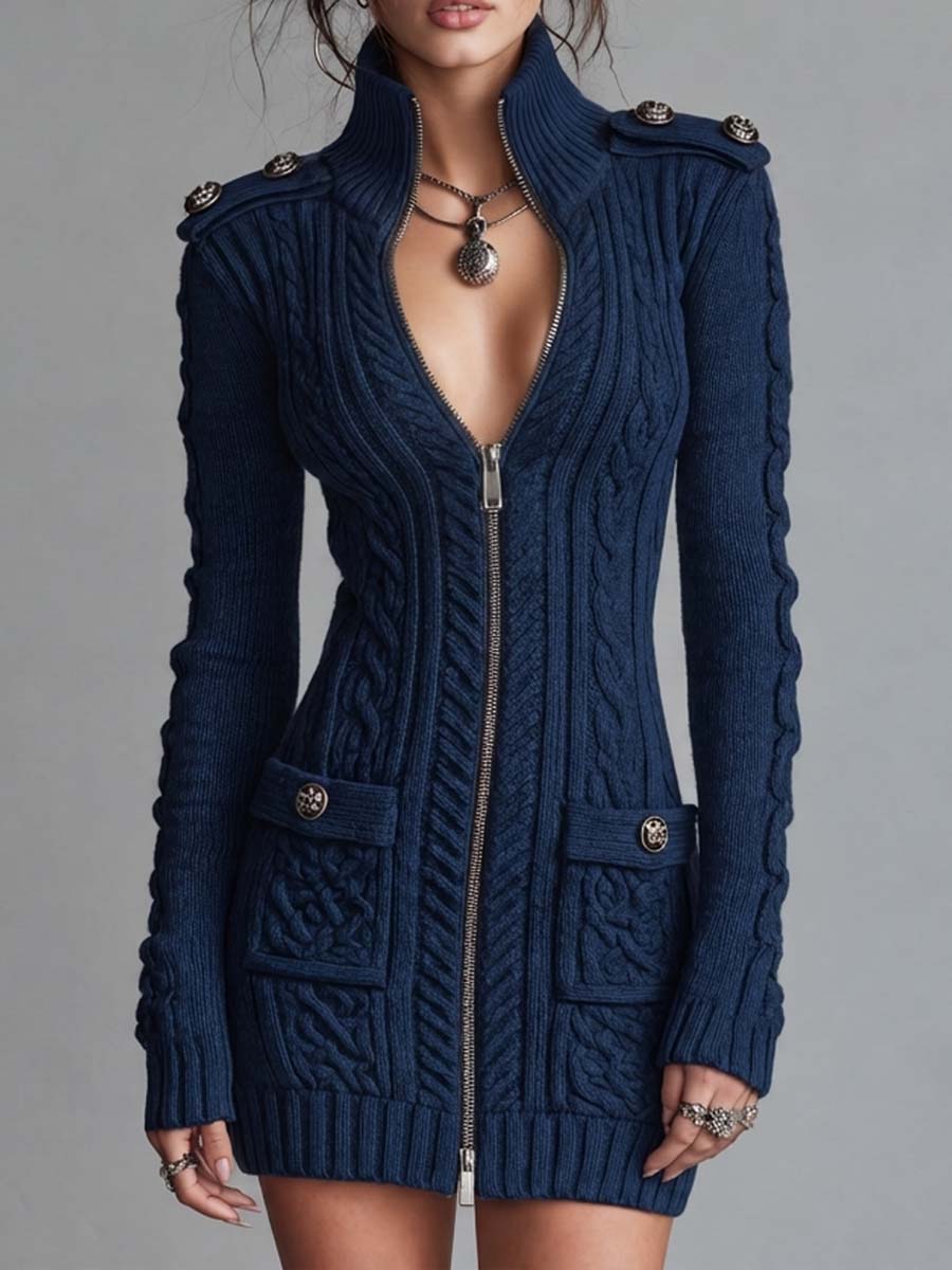 Retro Military-Inspired Quilted Dress with Zipper and Button Details