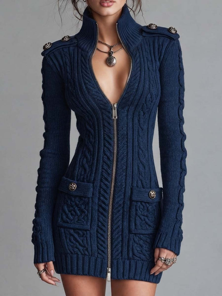 Retro Military-Inspired Quilted Dress with Zipper and Button Details