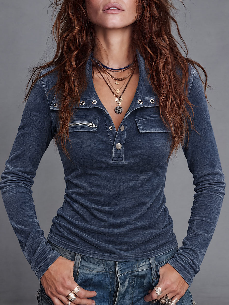 Retro Wash Long Sleeve Utility Henley Tee with Zip Accent