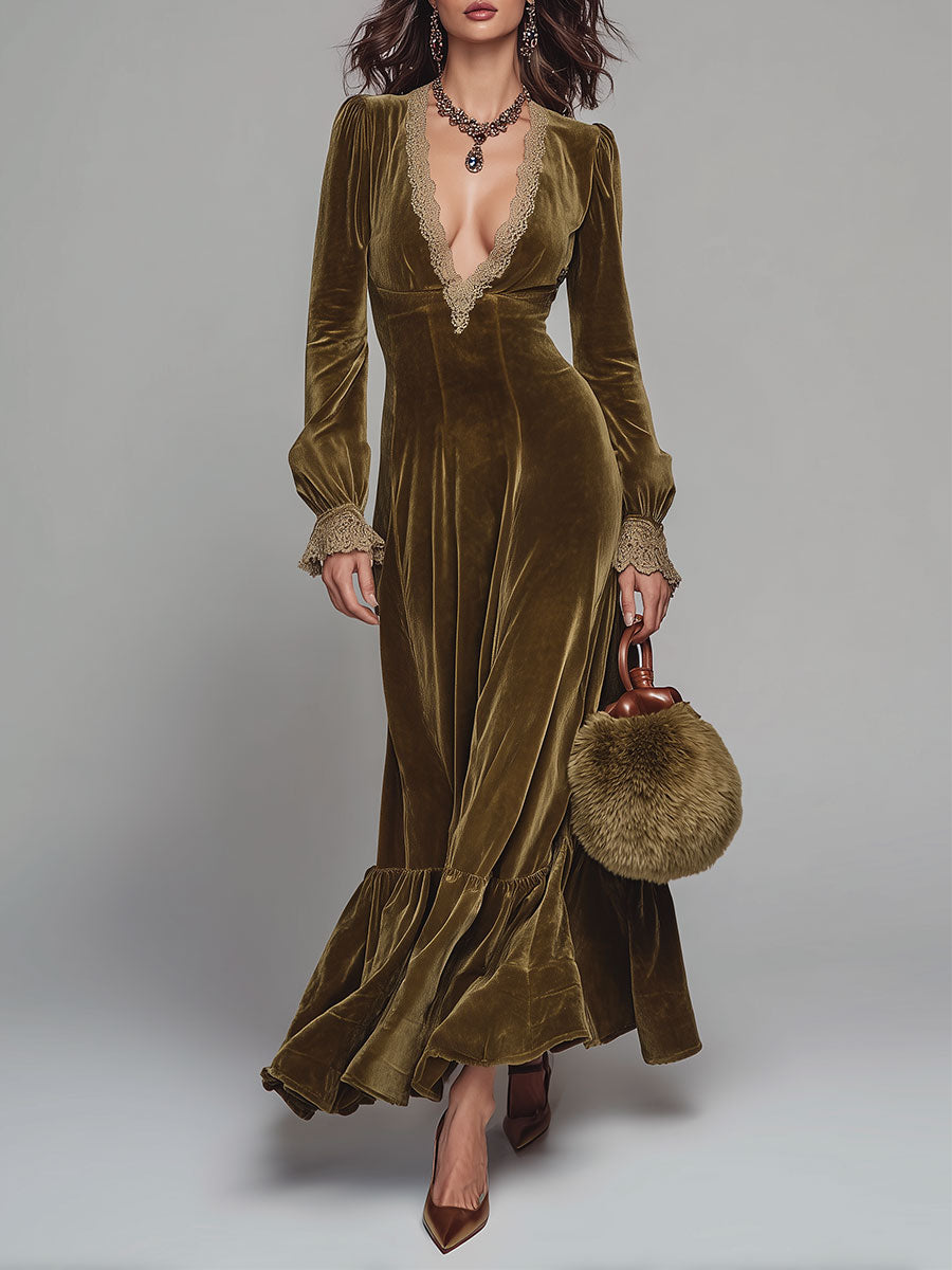 Deep V-Neck Velvet Maxi Dress with Lace Accents