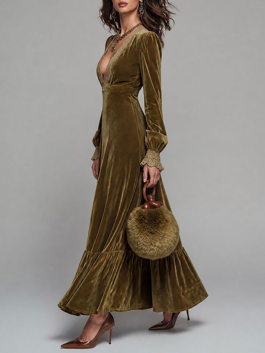 Deep V-Neck Velvet Maxi Dress with Lace Accents