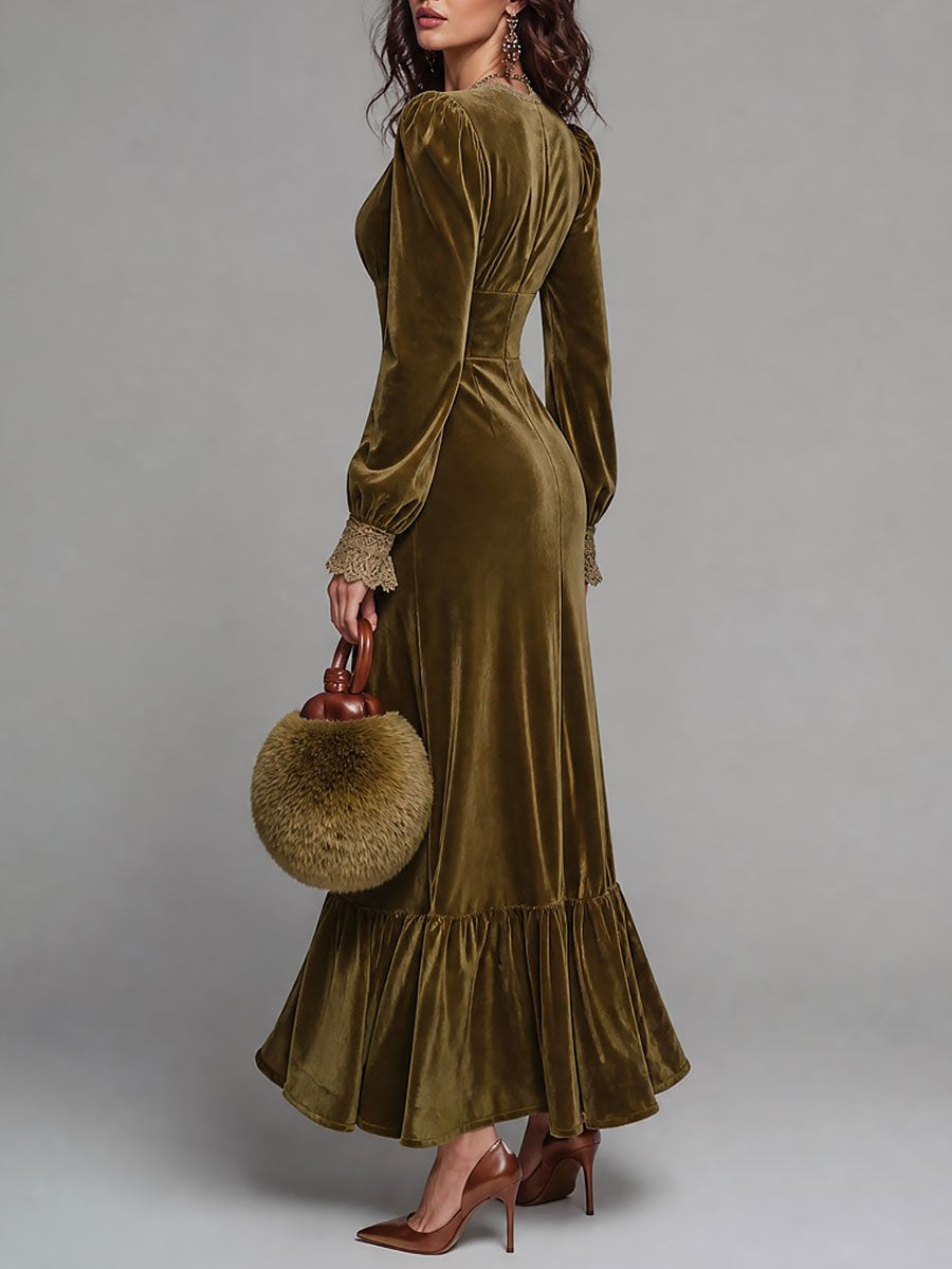 Deep V-Neck Velvet Maxi Dress with Lace Accents