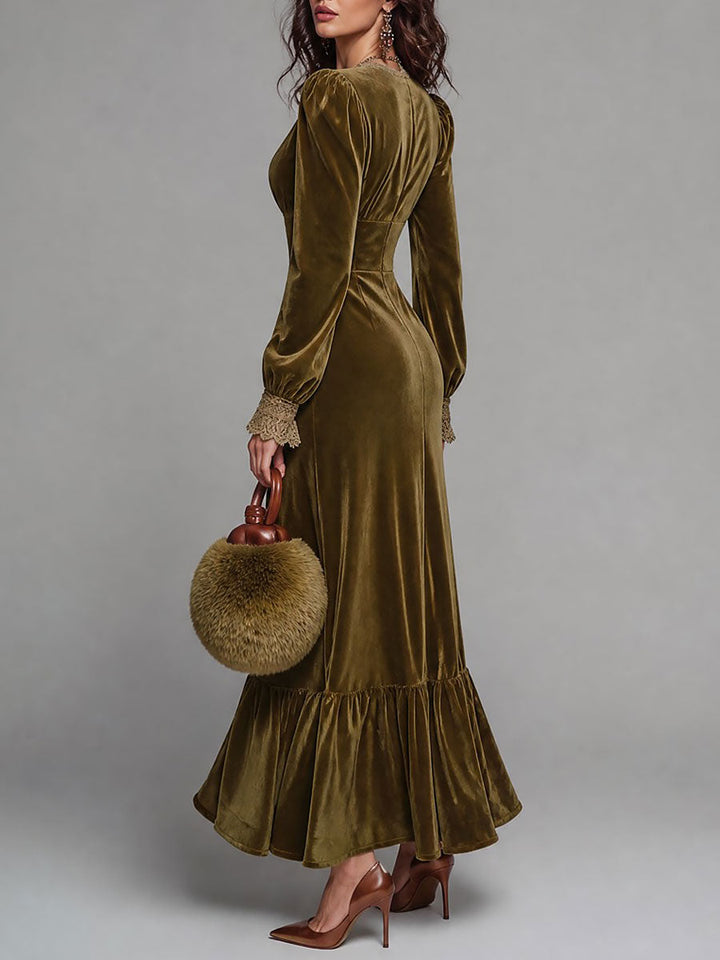 Deep V-Neck Velvet Maxi Dress with Lace Accents