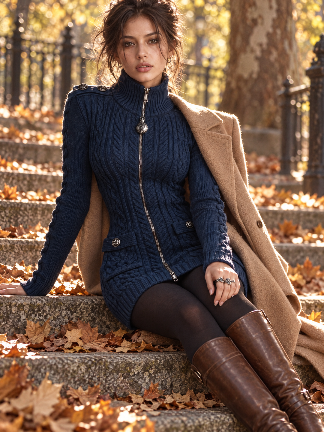 Retro Military-Inspired Quilted Dress with Zipper and Button Details
