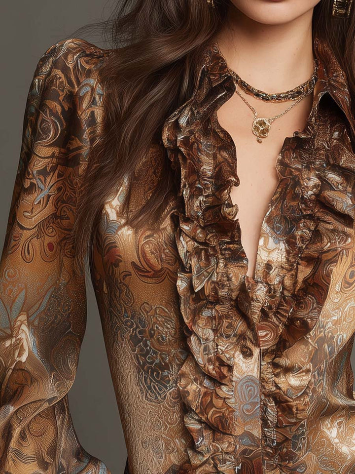 Vintage-Inspired Satin V-Neck Top with Ruffled Paisley Design