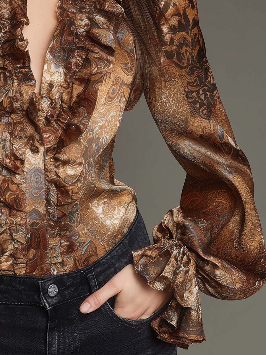 Vintage-Inspired Satin V-Neck Top with Ruffled Paisley Design