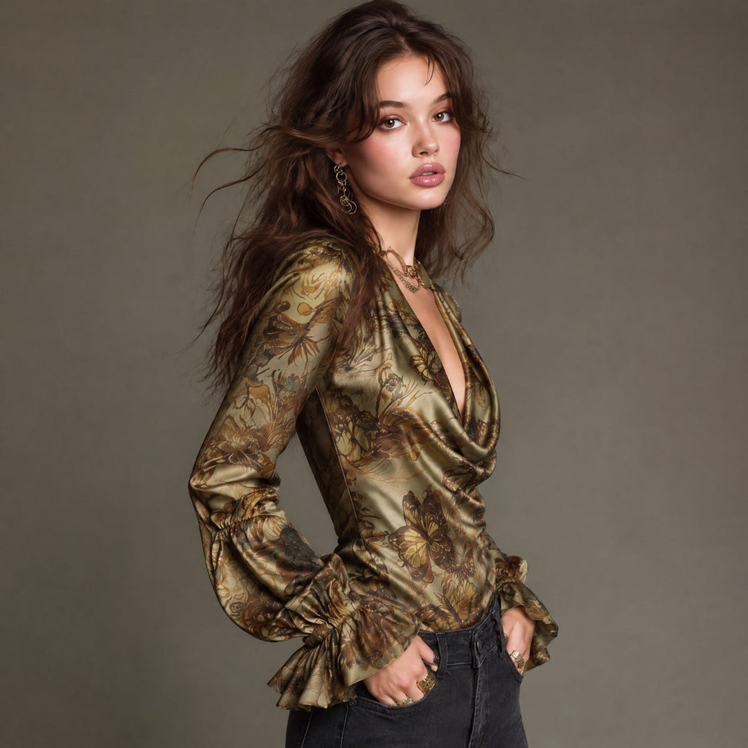 Vintage-Inspired Satin Cowl Neck Top with Ruffled Sleeves and Butterfly Print