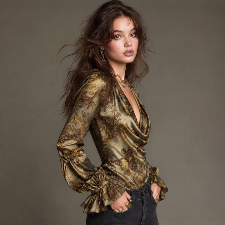 Vintage-Inspired Satin Cowl Neck Top with Ruffled Sleeves and Butterfly Print