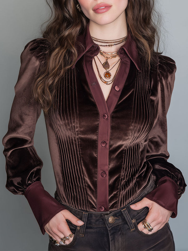 Chic Long-Sleeve Velvet Blouse with Pintuck Accents