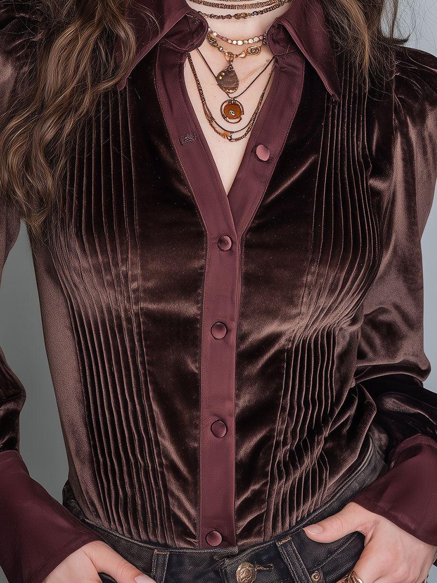 Chic Long-Sleeve Velvet Blouse with Pintuck Accents