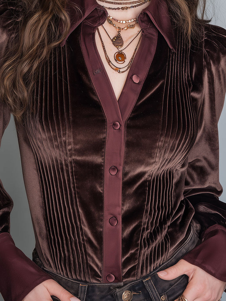 Chic Long-Sleeve Velvet Blouse with Pintuck Accents