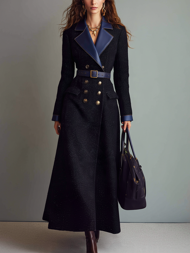 Chic Navy Long Coat with Belt and Double Front Closure