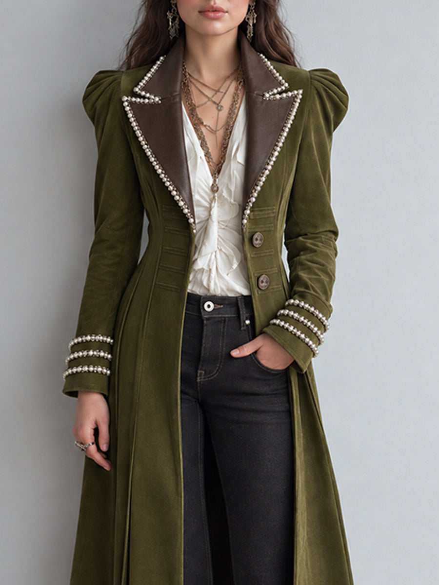 Retro Bohemian Long Faux Leather Coat Adorned with Pearls