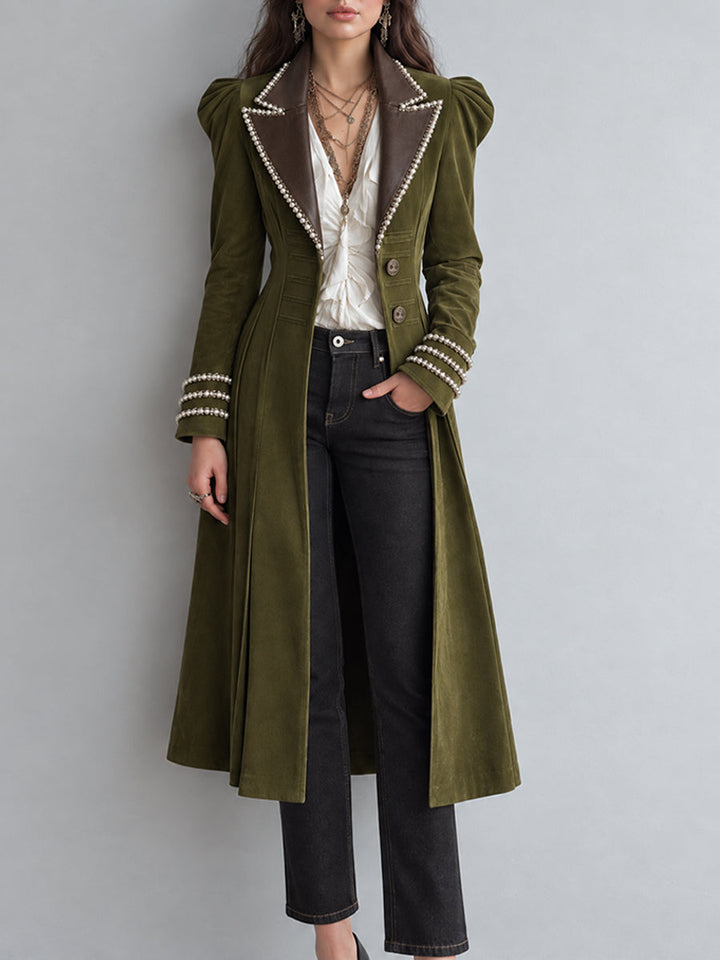 Retro Bohemian Long Faux Leather Coat Adorned with Pearls