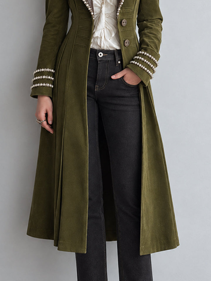 Retro Bohemian Long Faux Leather Coat Adorned with Pearls
