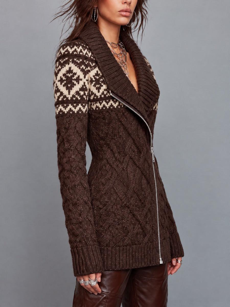 Vintage-Inspired Fair Isle Cable Knit Zip-Up Sweater Coat