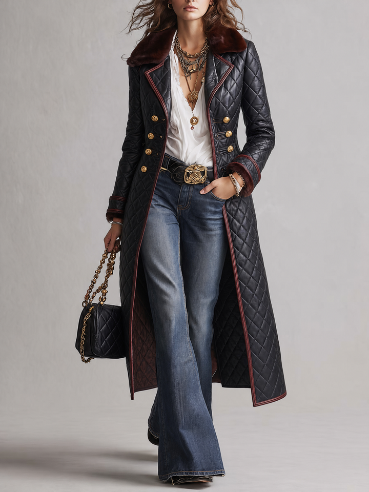 Women's Long Faux Leather Jacket with Stitch Detail and Faux Fur Collar
