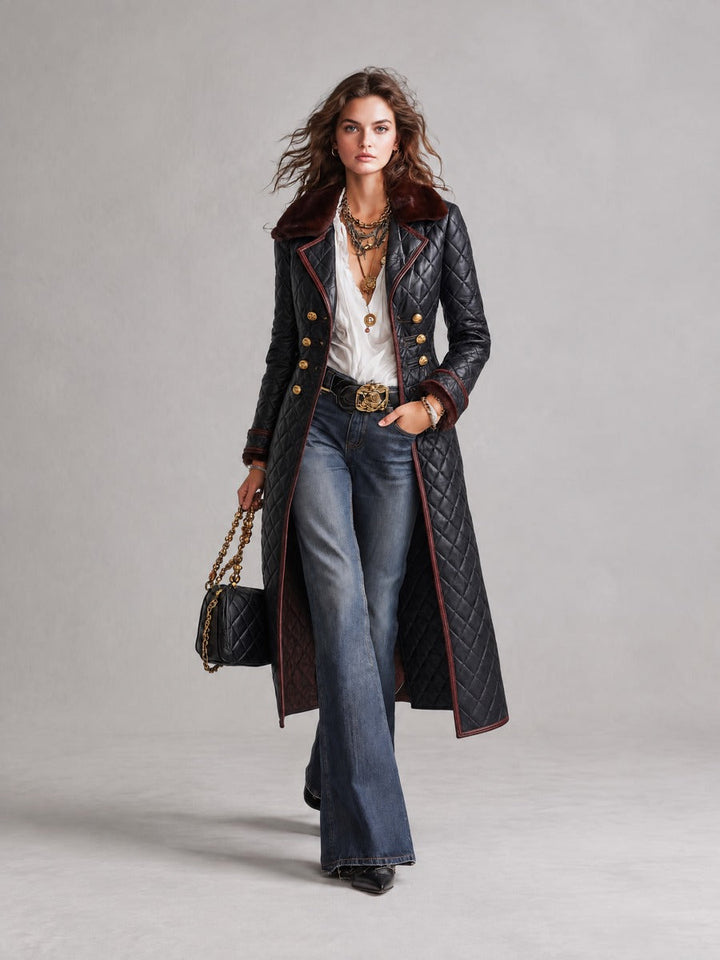Women's Long Faux Leather Jacket with Stitch Detail and Faux Fur Collar