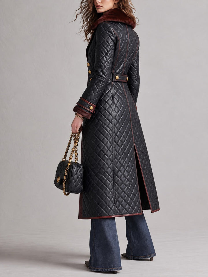 Women's Long Faux Leather Jacket with Stitch Detail and Faux Fur Collar
