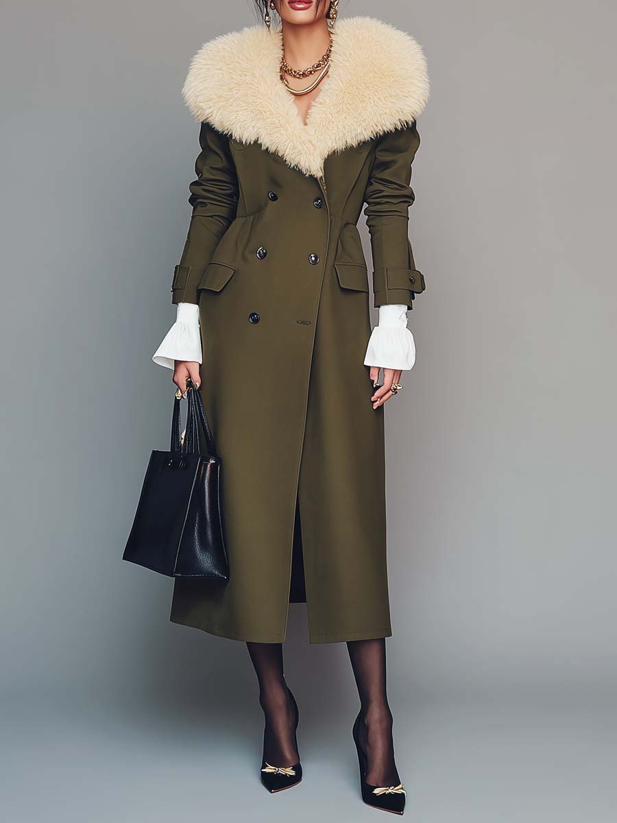 Vintage Olive Green Trench Coat Featuring a Detachable Fur Collar