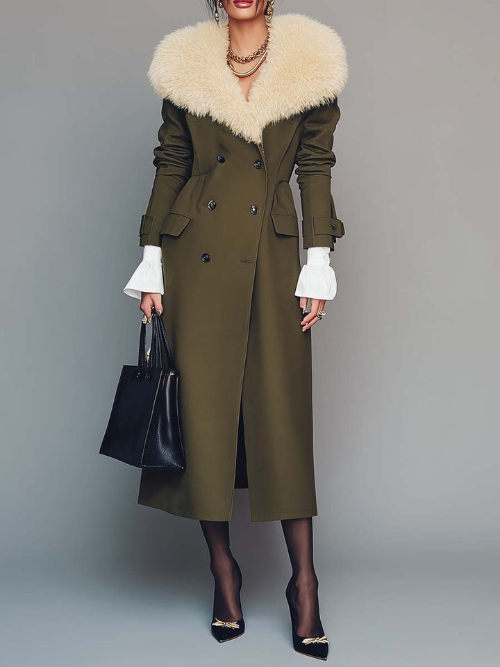 Vintage Olive Green Trench Coat Featuring a Detachable Fur Collar