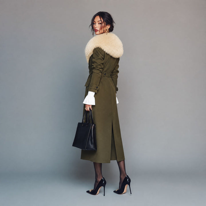 Vintage Olive Green Trench Coat Featuring a Detachable Fur Collar