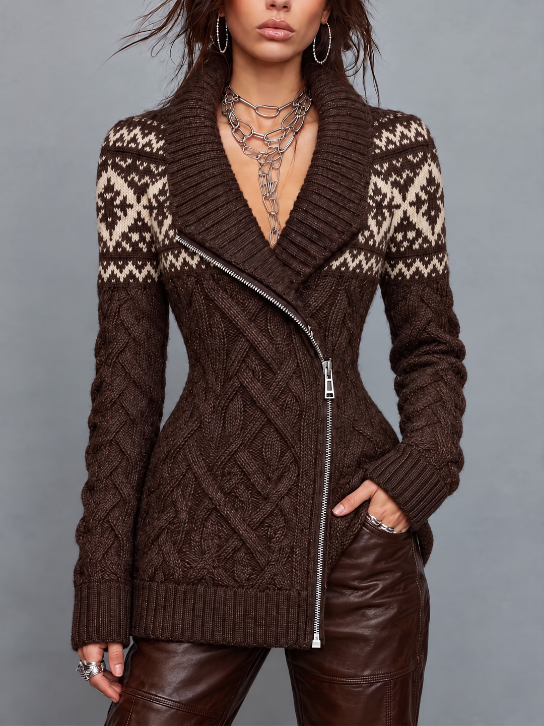Retro Zippered Fair Isle Cardigan