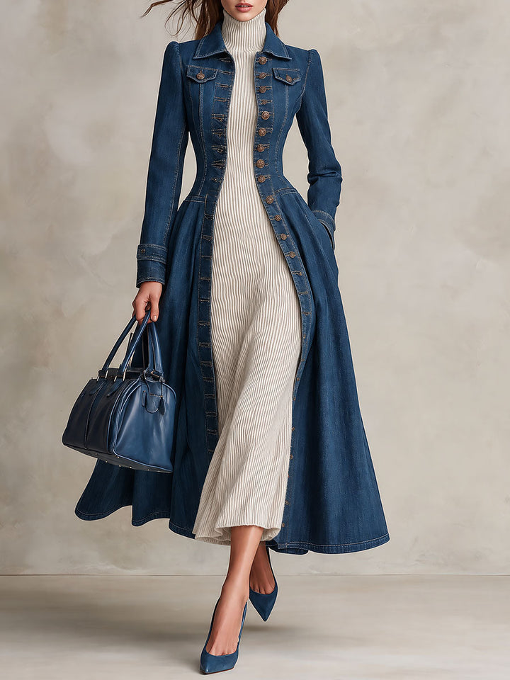 Vintage-Inspired Fitted Denim Coat with Single Button Closure