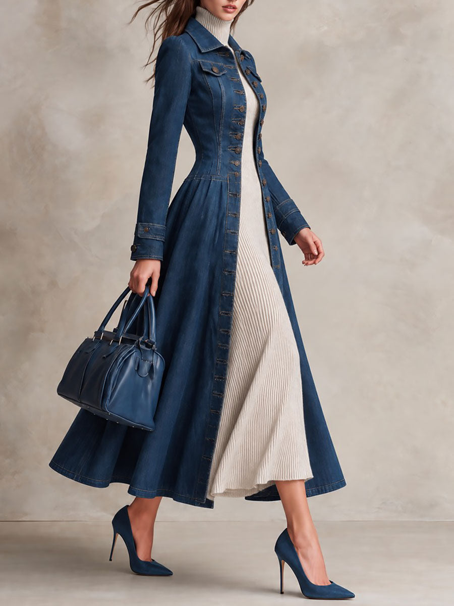 Vintage-Inspired Fitted Denim Coat with Single Button Closure