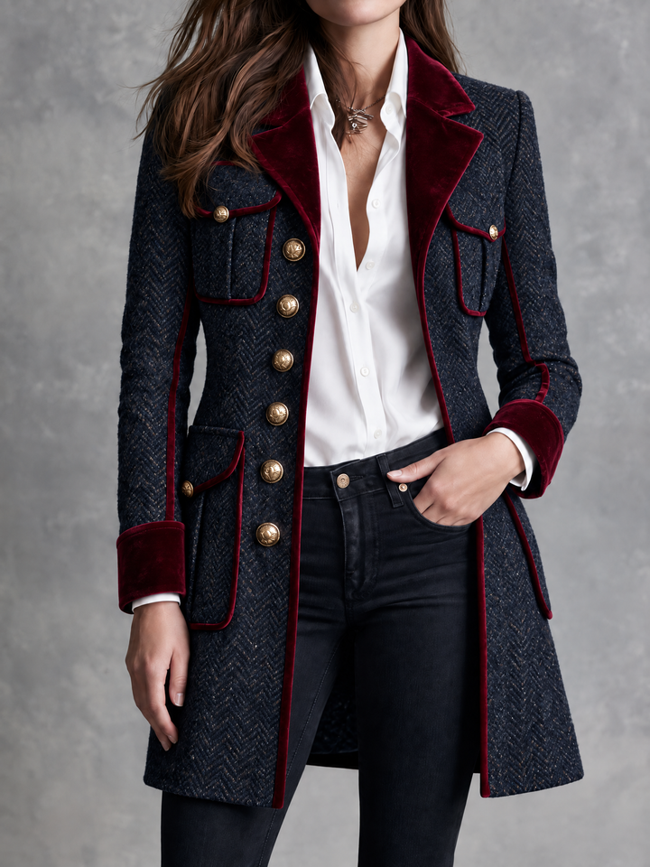 Retro Blue Jacket Featuring Burgundy Velvet Stripes and Buttons