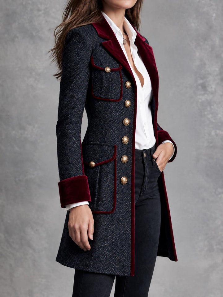 Retro Blue Jacket Featuring Burgundy Velvet Stripes and Buttons