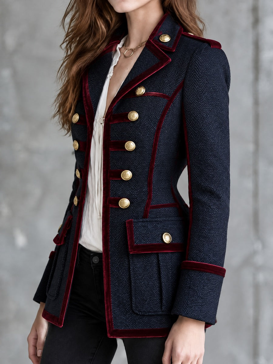 Women's Houndstooth Wool Military-Inspired Tailored Jacket with Velvet Accents