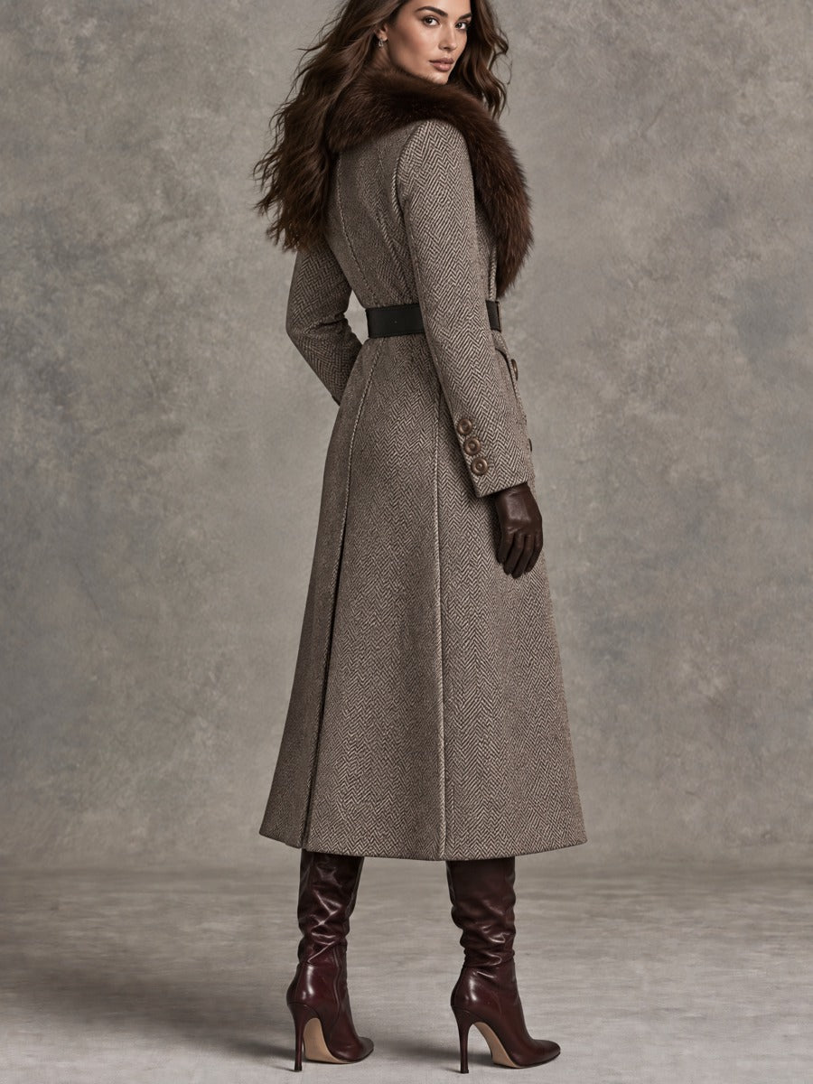 Classic Wool Blazer with Faux Fur Collar and Belt