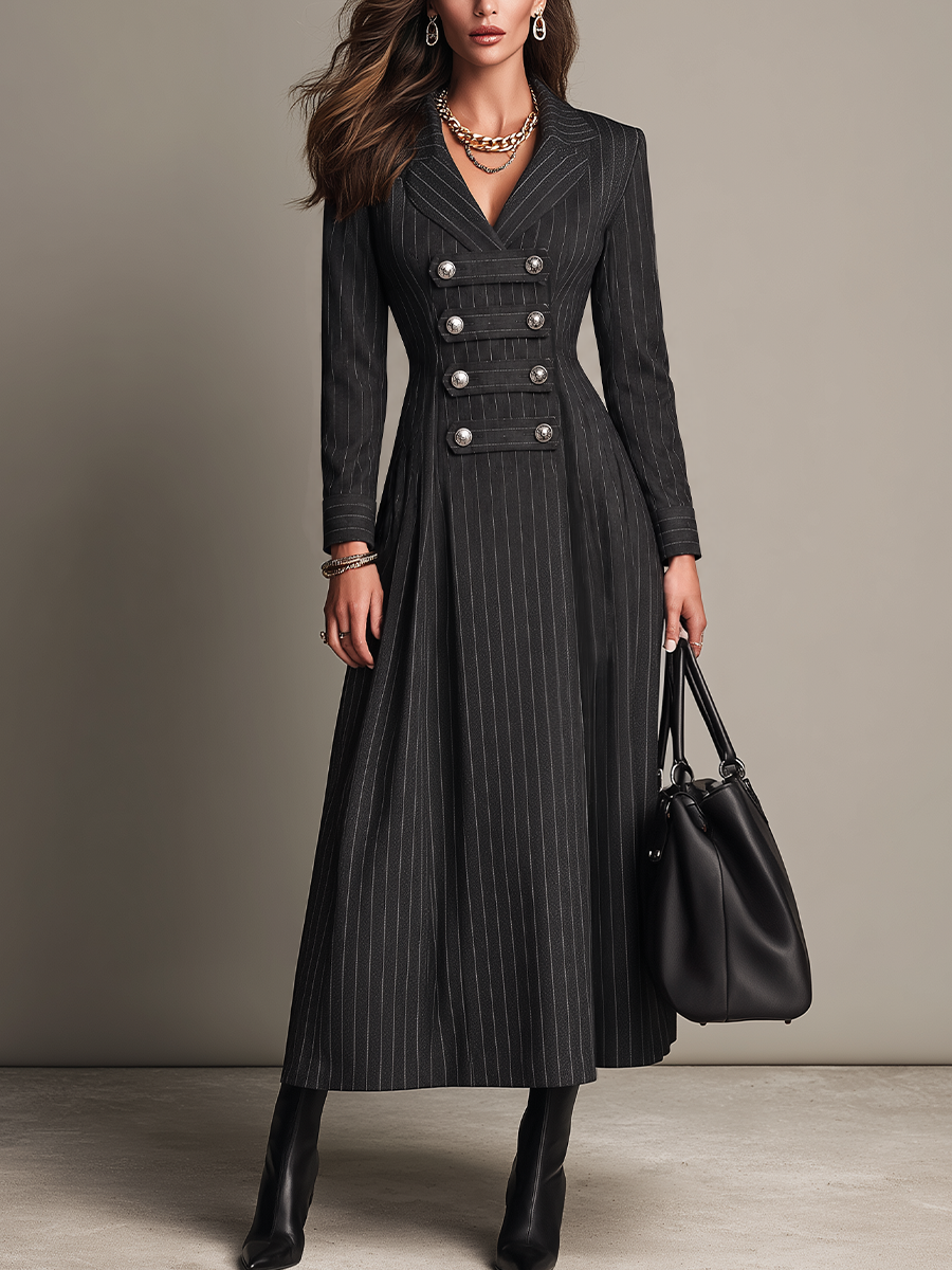 Striped Military-Inspired Maxi Satin Dress