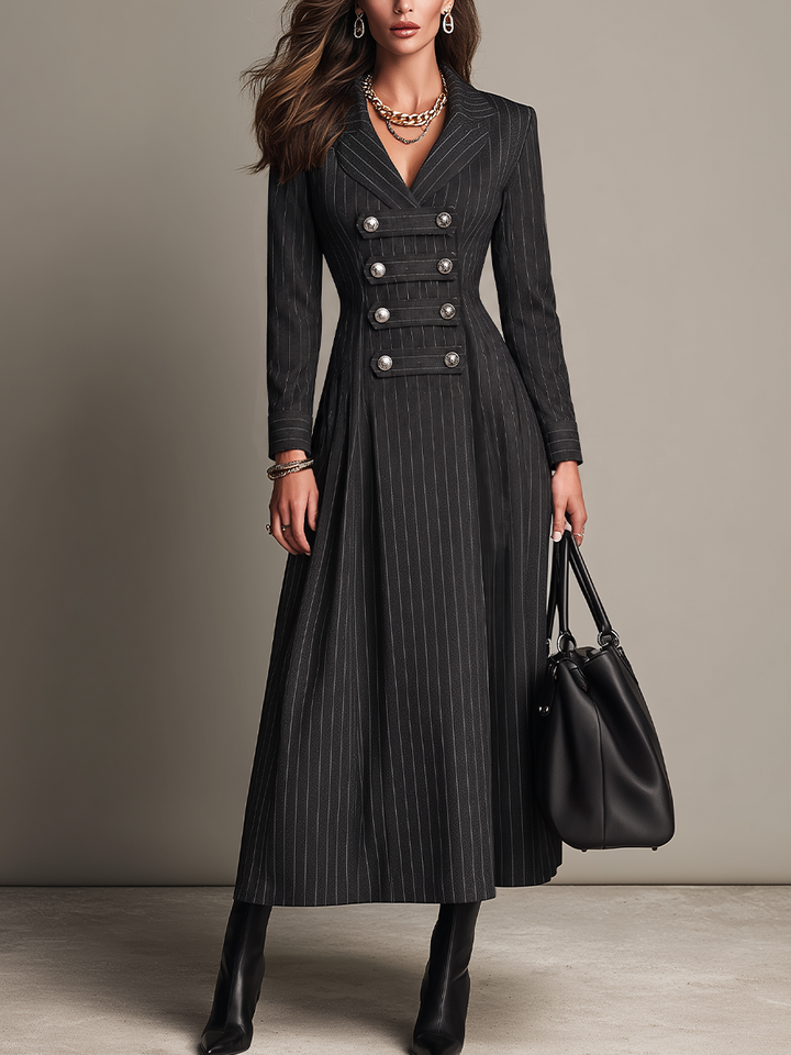 Striped Military-Inspired Maxi Satin Dress
