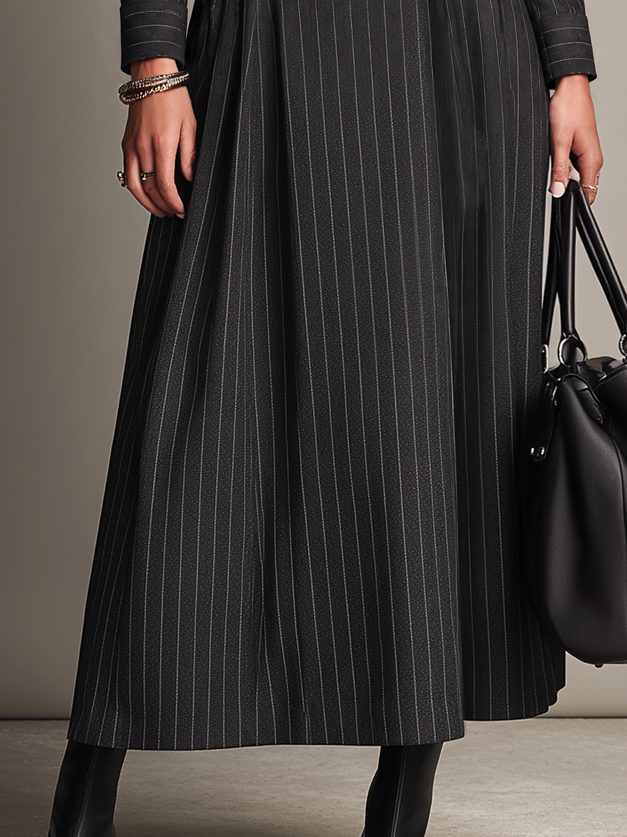 Striped Military-Inspired Maxi Satin Dress