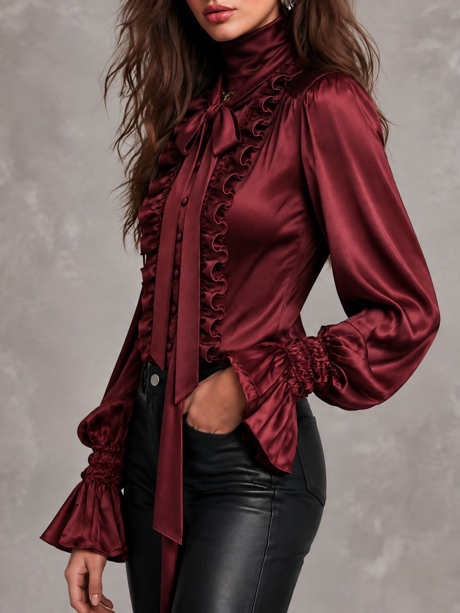 Women's Satin Bow-Neck Blouse with Ruffle Detailing and Metropolitan Sleeves