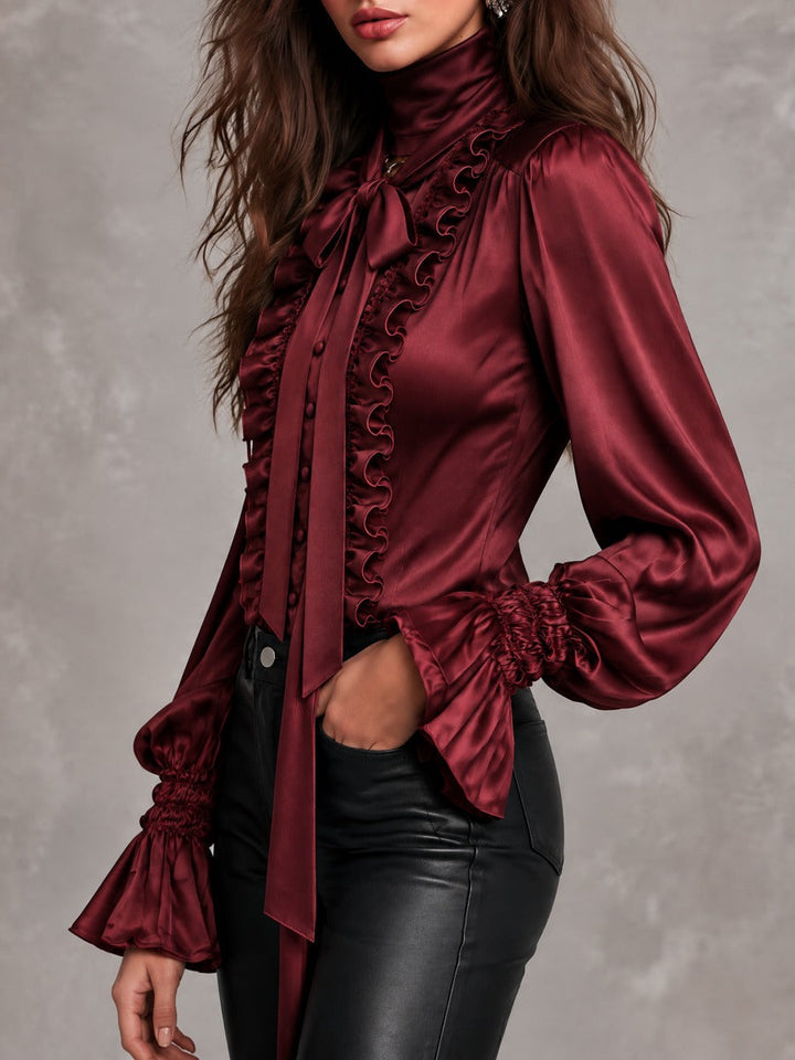 Women's Satin Bow-Neck Blouse with Ruffle Detailing and Metropolitan Sleeves