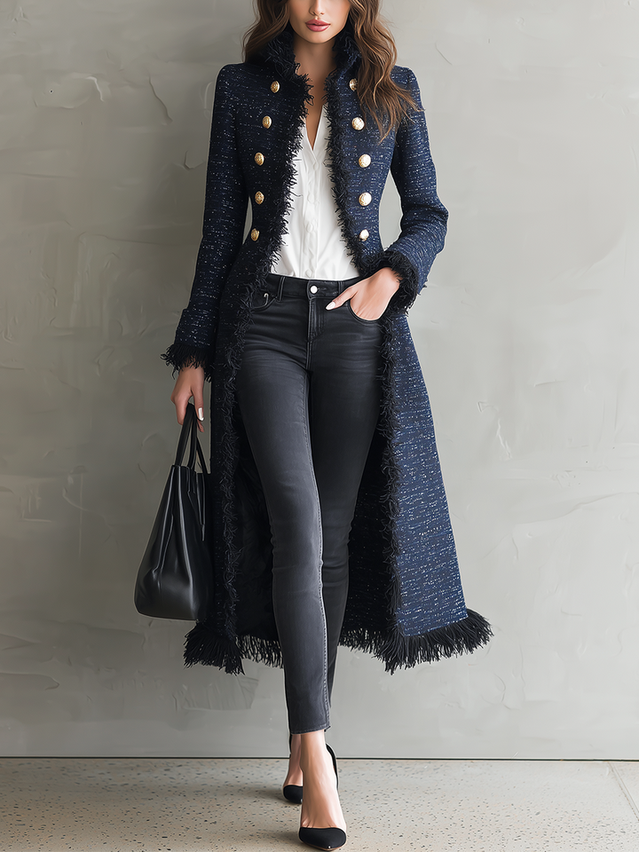 Elegant Fringed Long Blue Coat