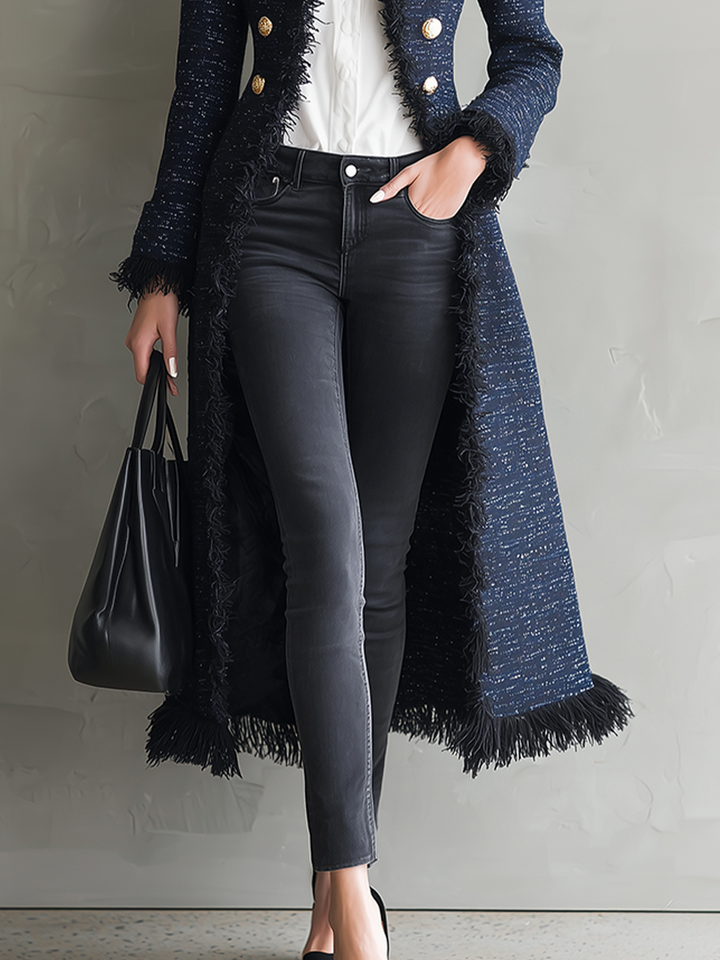 Elegant Fringed Long Blue Coat