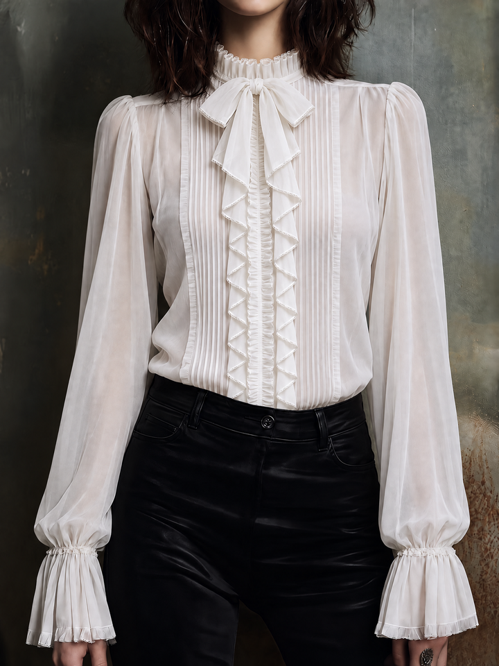 Women's Transparent Satin Maternity Blouse with Ribbon Neckline and Sewn Sleeves
