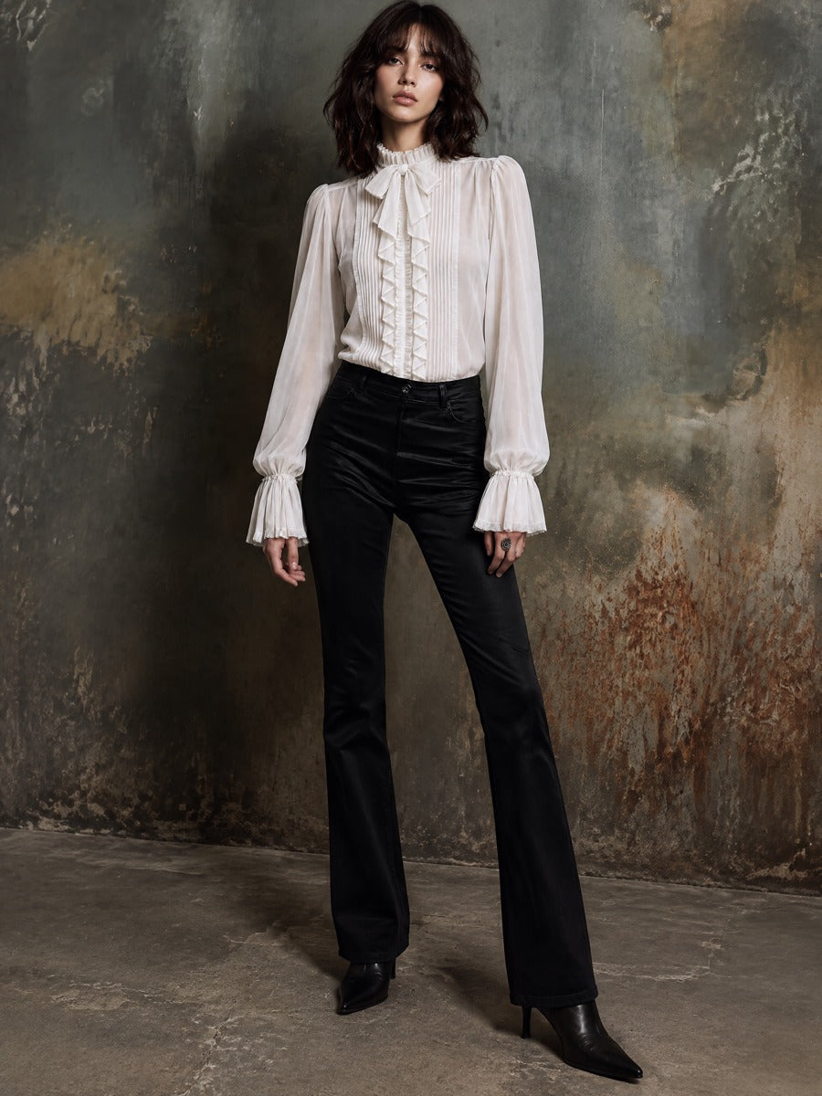Women's Transparent Satin Maternity Blouse with Ribbon Neckline and Sewn Sleeves