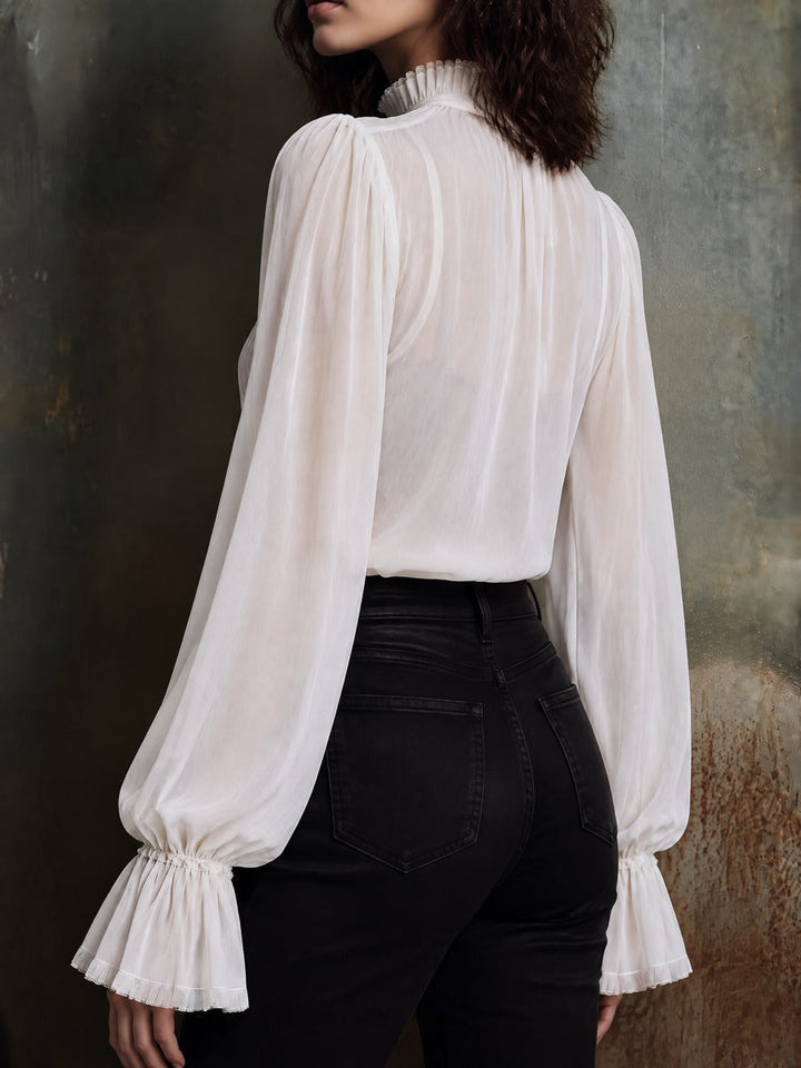Women's Transparent Satin Maternity Blouse with Ribbon Neckline and Sewn Sleeves